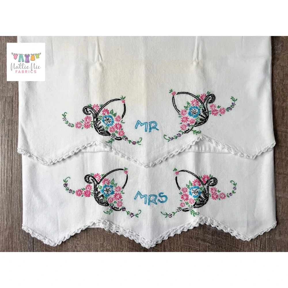 2 Vintage Embroidered Mr Mrs Pillowcases crochet trim, standard size, Springmaid